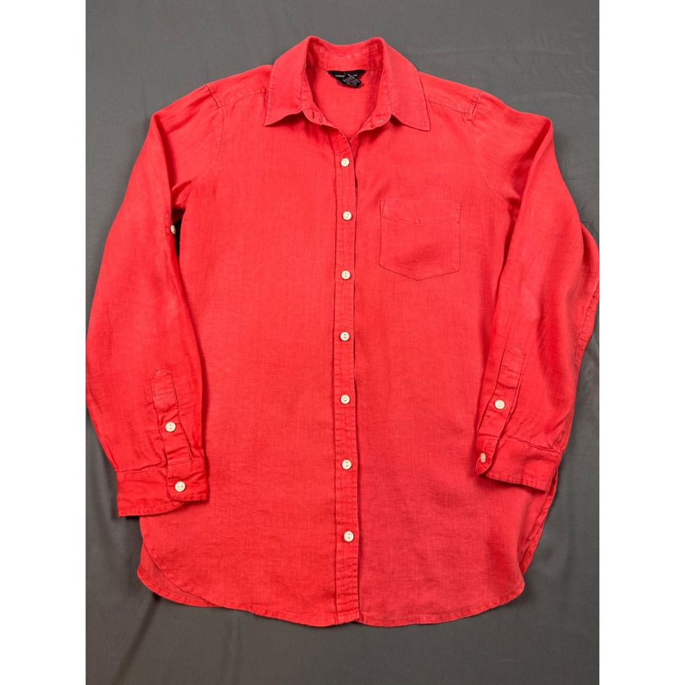 Moda International Womens Red 100% Linen Button Down Roll Tab Sleeve Shirt Small